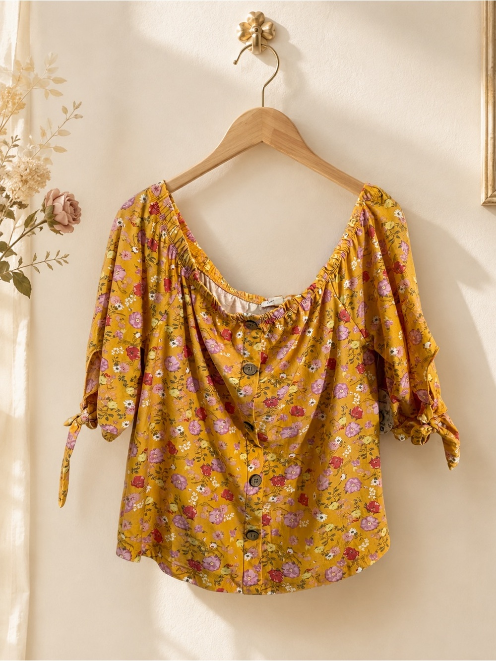 Love + Joy Yellow Floral Off-Shoulder Button Front Top Size Large NWT